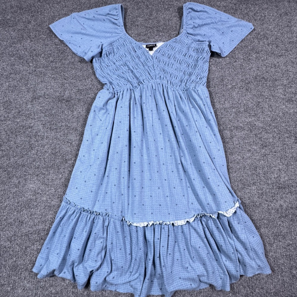 Torrid Blue‎ Swiss Dot Smocked Babydoll Dress Women 00 Sweetheart Midi Pockets